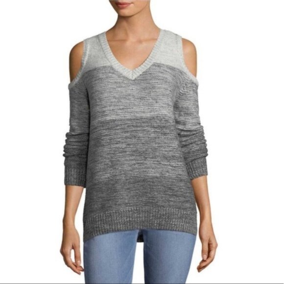 REBECCA MINKOFF Cold Shoulder Gray Ombre Color Block V-neck Knit Sweater size L - Picture 10 of 11